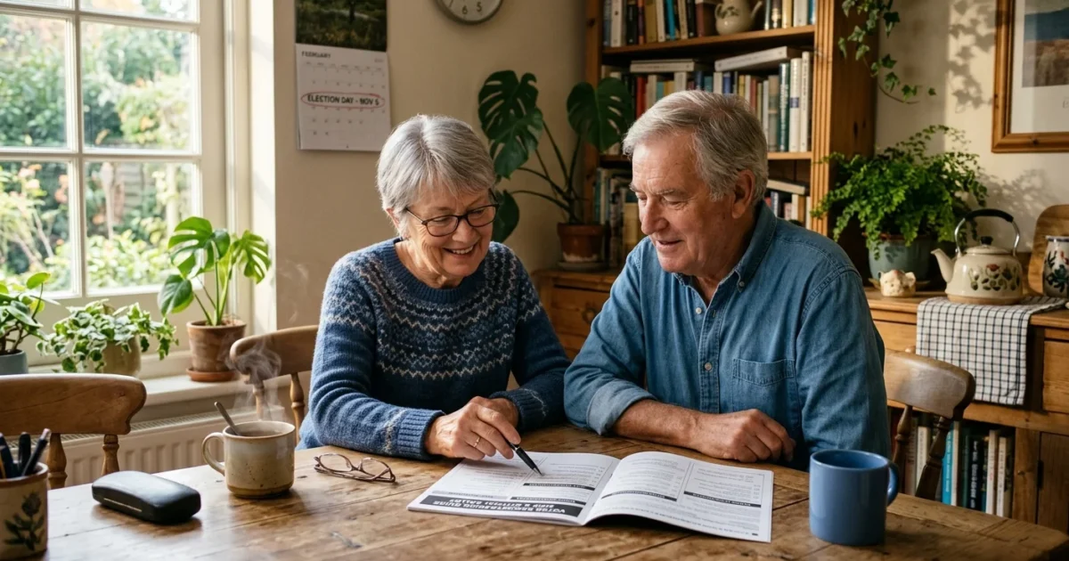 An older couple in their 70s sits at their kitchen table, smiling and reviewing a voter registration guide together under warm morning light