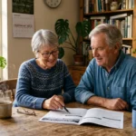 An older couple in their 70s sits at their kitchen table, smiling and reviewing a voter registration guide together under warm morning light