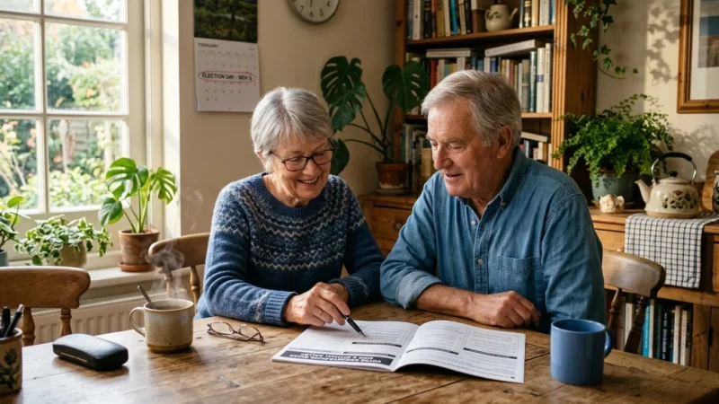 An older couple in their 70s sits at their kitchen table, smiling and reviewing a voter registration guide together under warm morning light