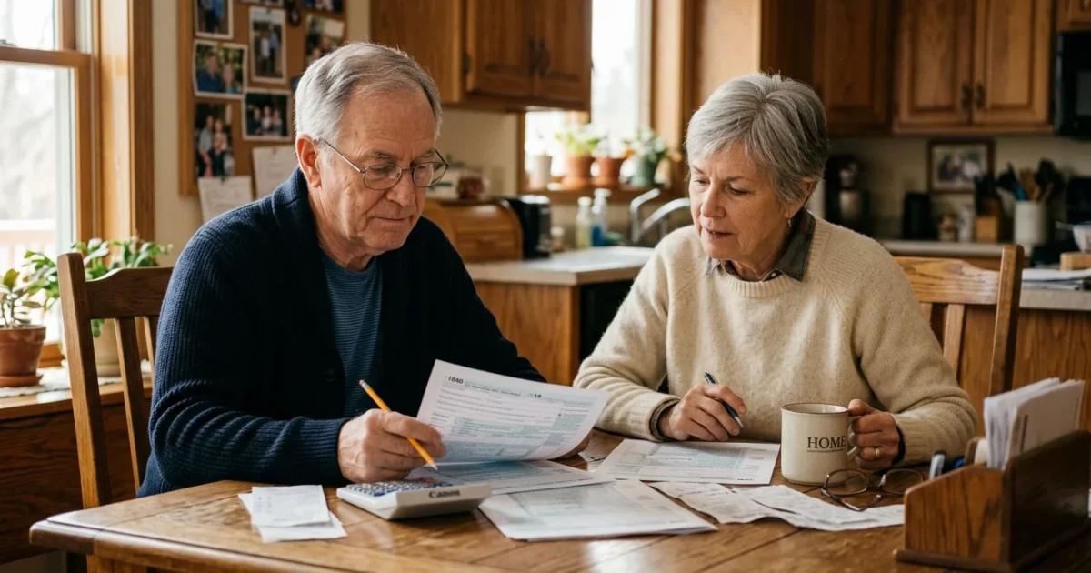 An older couple reviews financial papers together at a sunlit wooden table, looking focused.