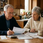 An older couple reviews financial papers together at a sunlit wooden table, looking focused.