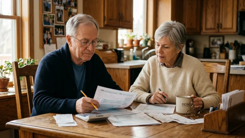 An older couple reviews financial papers together at a sunlit wooden table, looking focused.