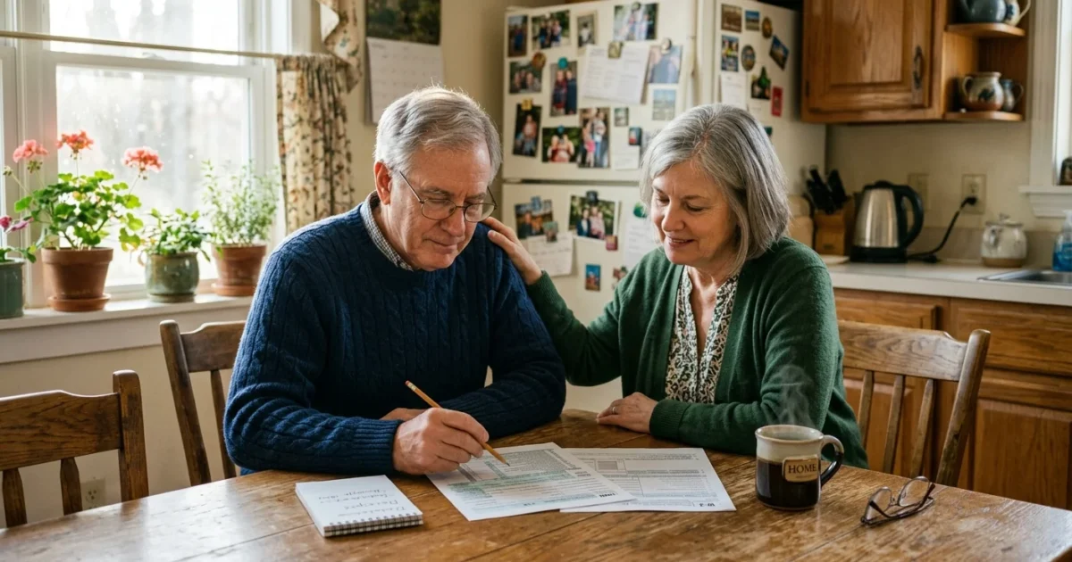 An older couple sits at a wooden kitchen table reviewing financial papers together in warm morning light.