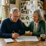 An older couple sits at a wooden kitchen table reviewing financial papers together in warm morning light.