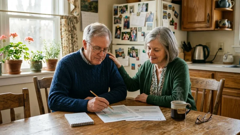 An older couple sits at a wooden kitchen table reviewing financial papers together in warm morning light.