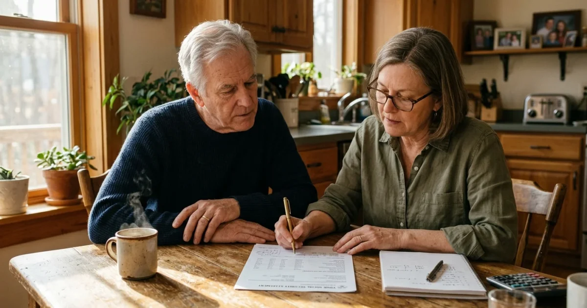 An older couple sitting at a sunlit kitchen table reviewing their paper Social Security statement together in the morning.