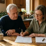 An older couple sitting at a sunlit kitchen table reviewing their paper Social Security statement together in the morning.