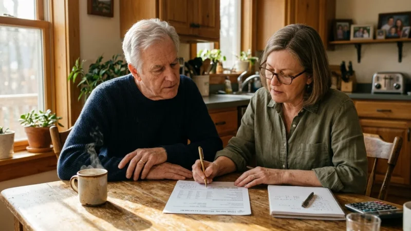 An older couple sitting at a sunlit kitchen table reviewing their paper Social Security statement together in the morning.