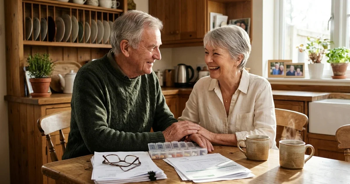 An older couple smiling in relief at their kitchen table, looking over organized paperwork and a pill organizer in soft morning light.