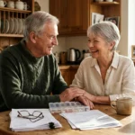 An older couple smiling in relief at their kitchen table, looking over organized paperwork and a pill organizer in soft morning light.