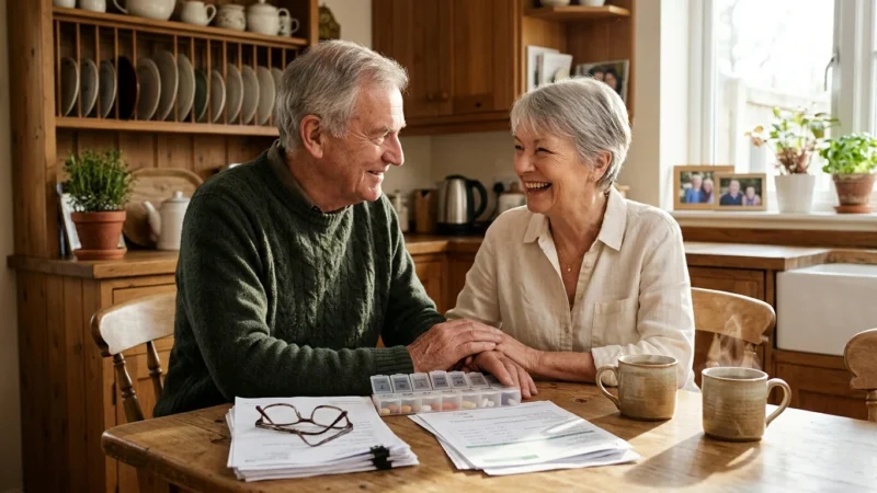 An older couple smiling in relief at their kitchen table, looking over organized paperwork and a pill organizer in soft morning light.
