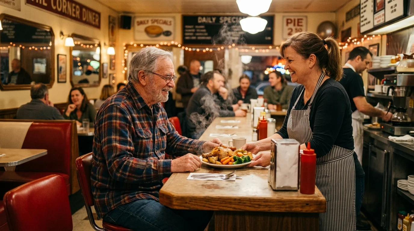 An older man happily receives a freshly cooked plate of food at a warm, welcoming neighborhood diner counter.