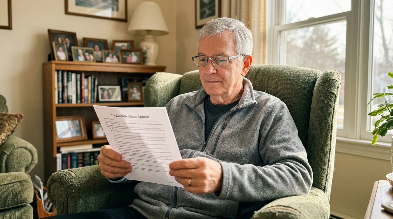 An older man in a comfortable living room reviewing a healthcare claim appeal document in natural morning light.