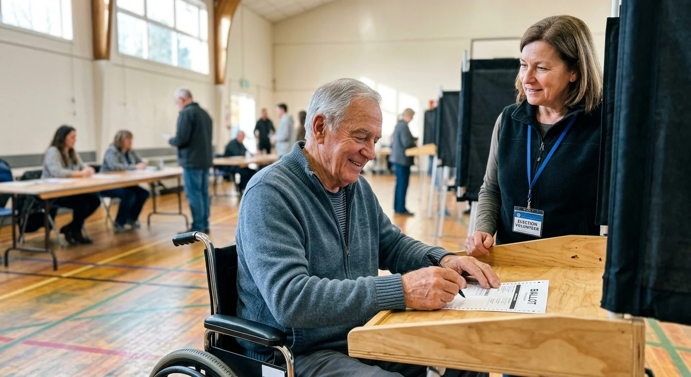An older man in a wheelchair votes at an accessible, lowered voting booth in a brightly lit community center.