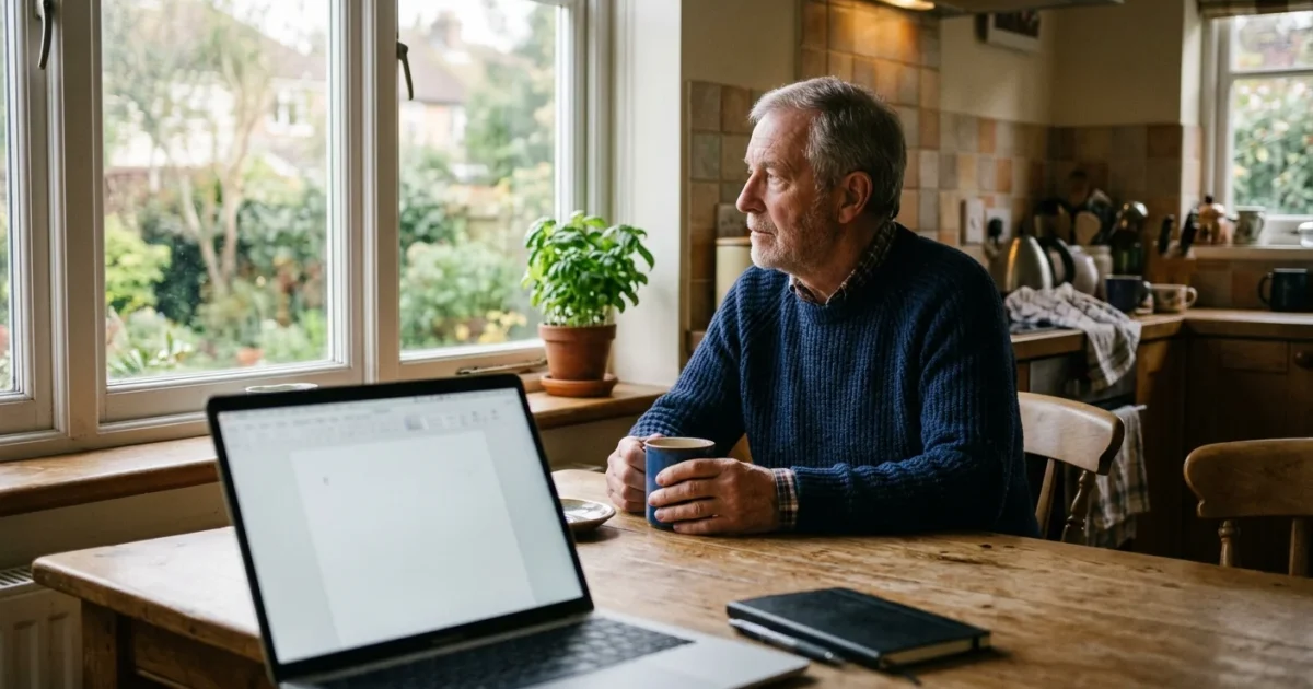 An older man looks thoughtfully out his kitchen window next to an open laptop, reflecting on his retirement transition.