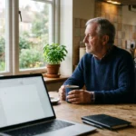 An older man looks thoughtfully out his kitchen window next to an open laptop, reflecting on his retirement transition.