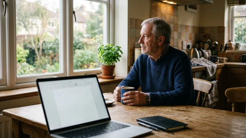 An older man looks thoughtfully out his kitchen window next to an open laptop, reflecting on his retirement transition.