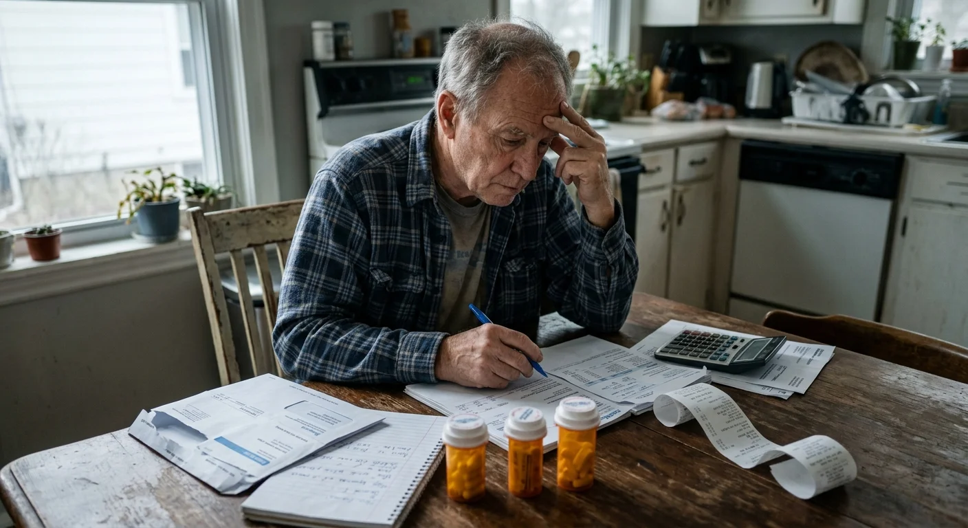 An older man reviews bills and prescription bottles at his kitchen table, representing the stress of high medication costs.