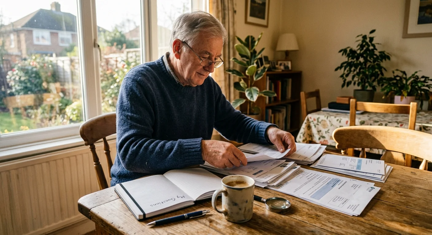 An older man sits at a sunlit wooden kitchen table, organizing documents and a notebook labeled My Questions.