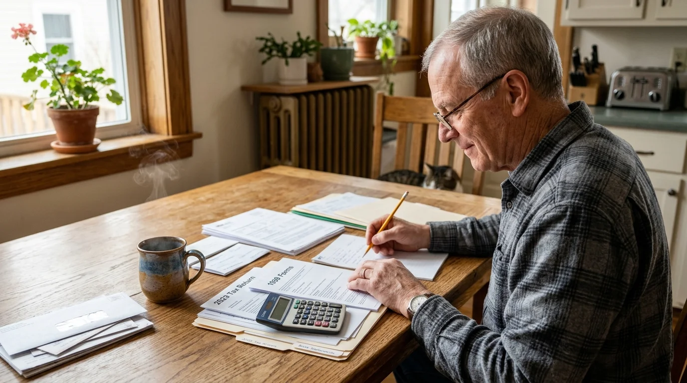 An older man sitting at a sunny kitchen table organizing tax documents and using a simple calculator.