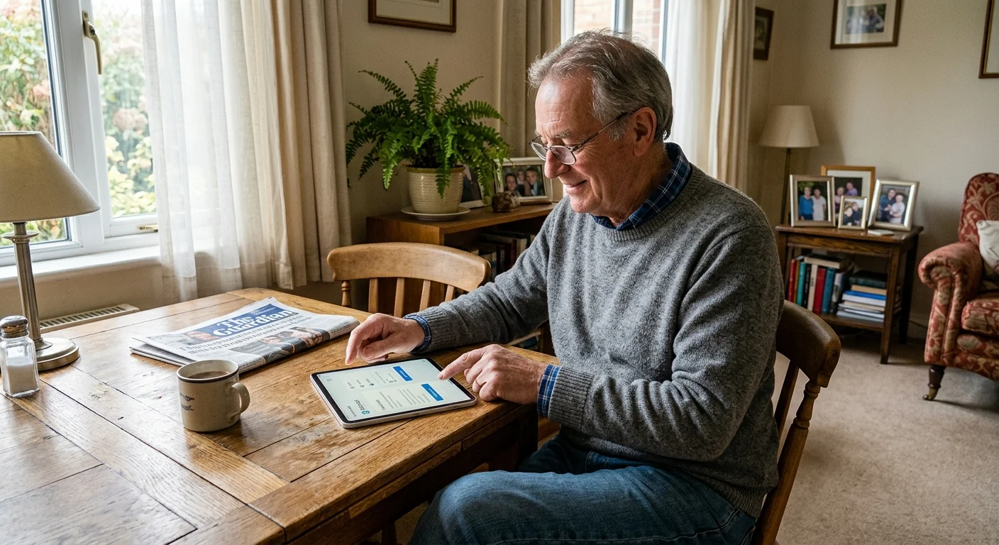 An older man sitting comfortably at his dining table, successfully navigating a digital portal on his tablet.