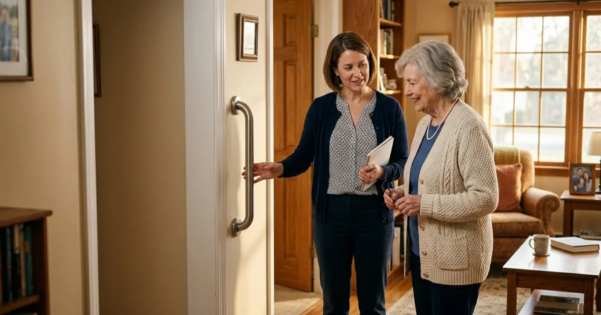 An older woman and a home safety specialist discuss modifications in a cozy, sunlit living room.
