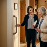 An older woman and a home safety specialist discuss modifications in a cozy, sunlit living room.