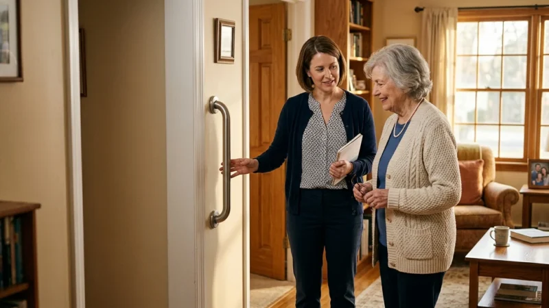 An older woman and a home safety specialist discuss modifications in a cozy, sunlit living room.