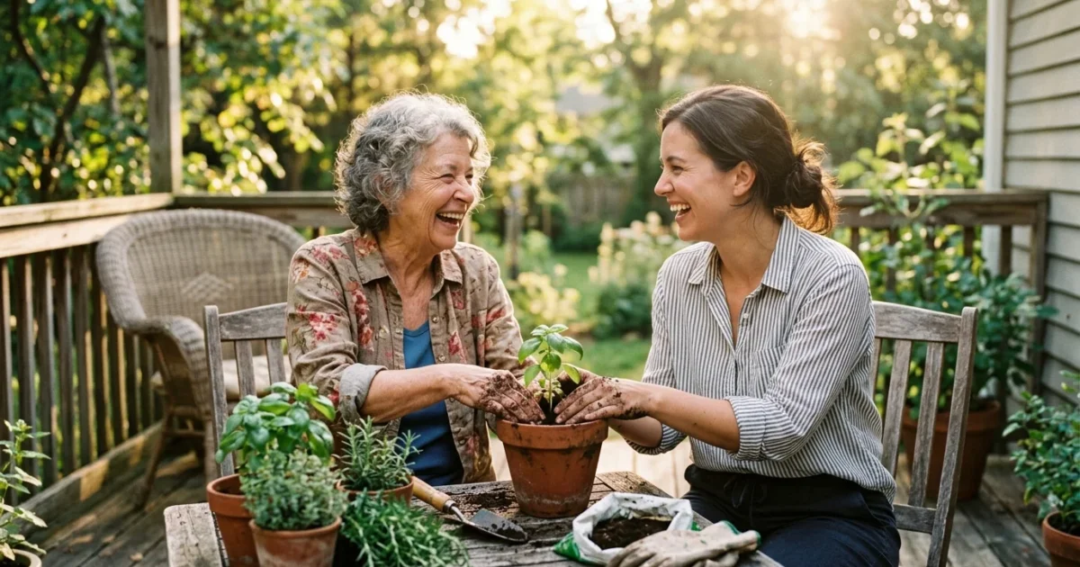 An older woman and a young female volunteer laugh together while potting green herbs on a sunny wooden porch.