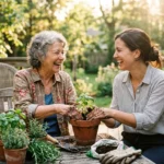 An older woman and a young female volunteer laugh together while potting green herbs on a sunny wooden porch.