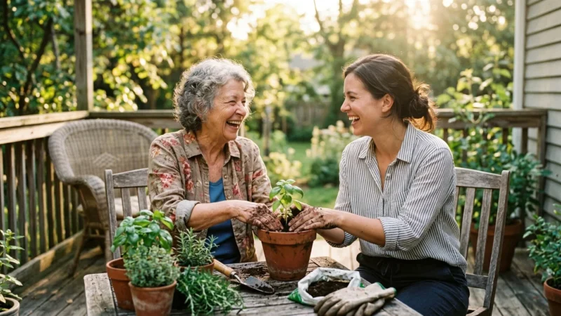 An older woman and a young female volunteer laugh together while potting green herbs on a sunny wooden porch.