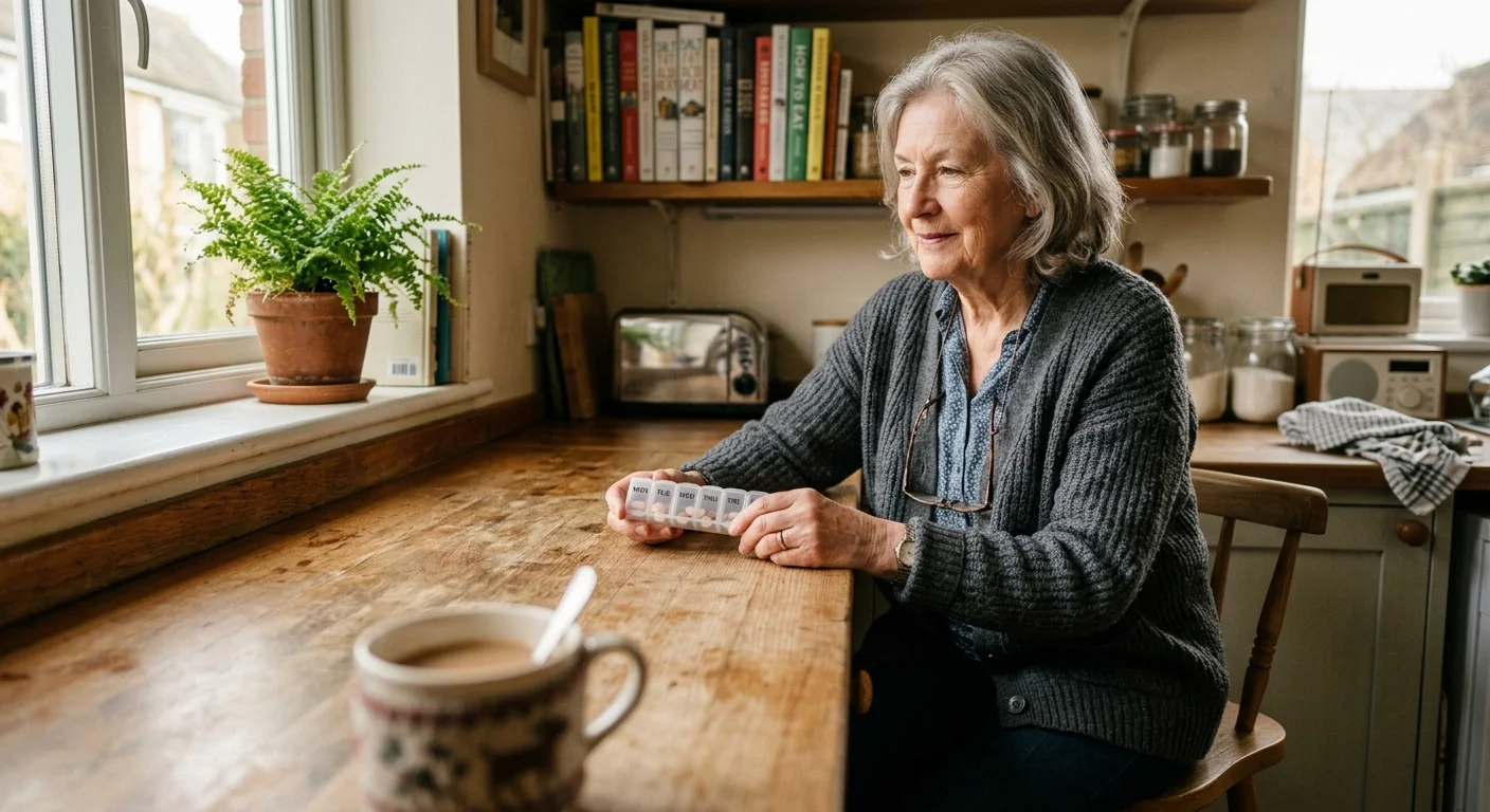 An older woman at a sunlit kitchen counter calmly organizing her medications in a warm, domestic setting.