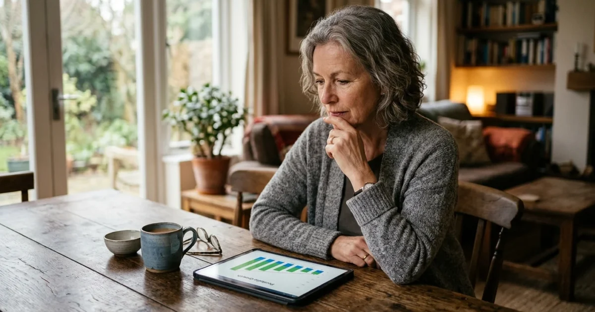 An older woman at a wooden table looking thoughtfully at a financial chart on her tablet in a cozy, sunlit home.