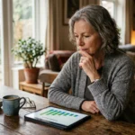 An older woman at a wooden table looking thoughtfully at a financial chart on her tablet in a cozy, sunlit home.