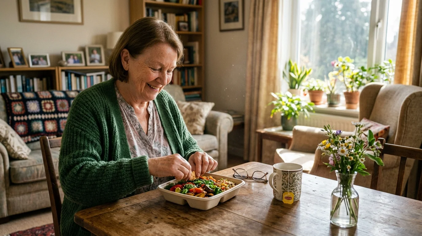 An older woman enjoys a fresh meal in her sunlit living room, reflecting the independence supported by PACE.