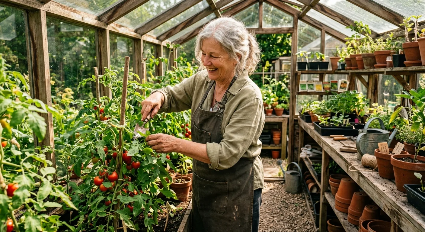 An older woman happily tends to plants in a sunlit backyard greenhouse, enjoying a relaxed retirement lifestyle.