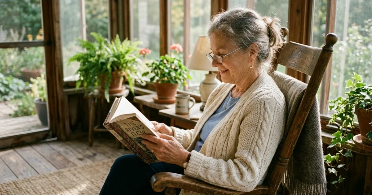 An older woman reads a book comfortably on a sunlit porch wearing glasses, representing clear vision and independence.