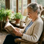 An older woman reads a book comfortably on a sunlit porch wearing glasses, representing clear vision and independence.