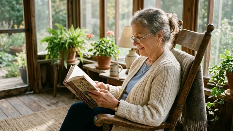 An older woman reads a book comfortably on a sunlit porch wearing glasses, representing clear vision and independence.