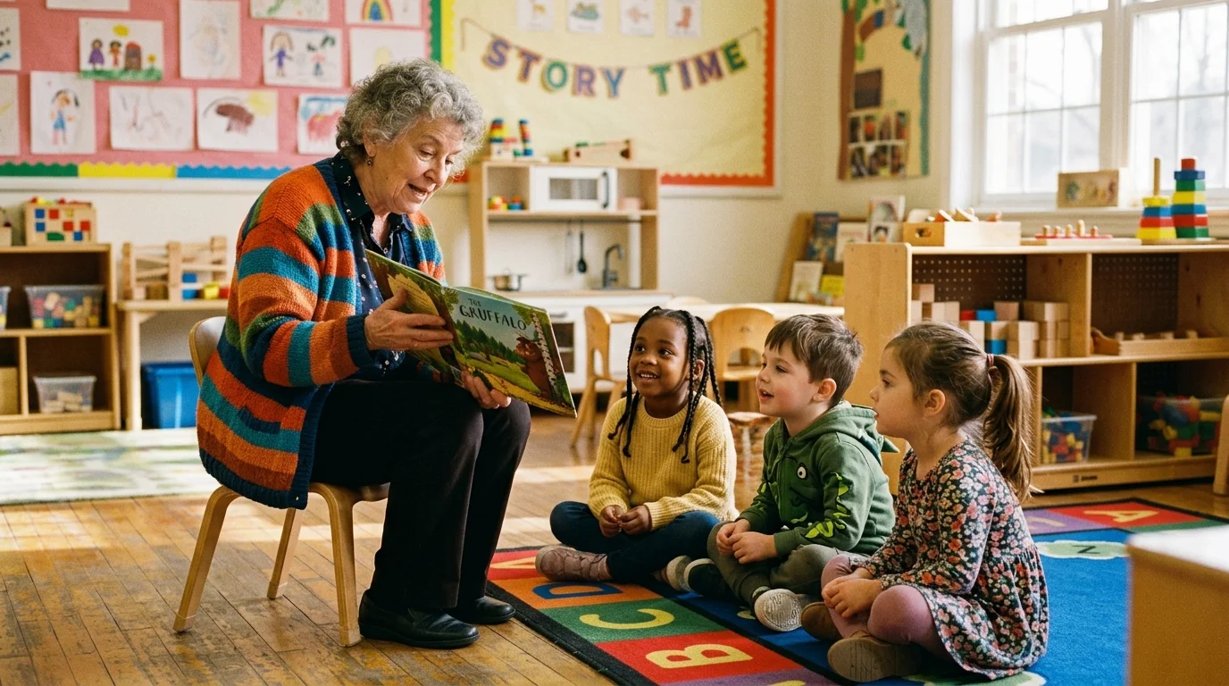 An older woman reads an illustrated book to three captivated young children in a sunlit classroom.