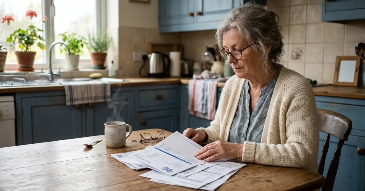 An older woman sits at her kitchen table looking thoughtfully at bank statements in the soft morning light.