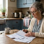 An older woman sits at her kitchen table looking thoughtfully at bank statements in the soft morning light.