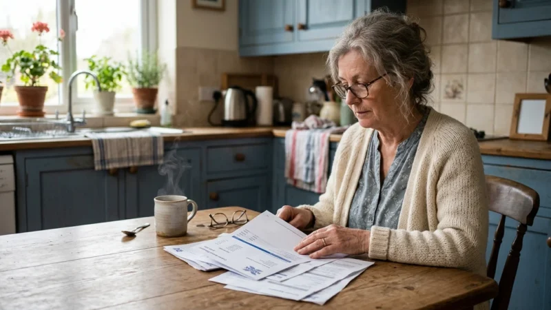 An older woman sits at her kitchen table looking thoughtfully at bank statements in the soft morning light.
