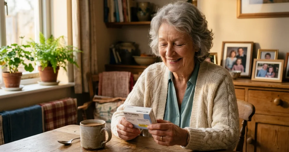 An older woman sits at her sunlit kitchen table holding her prescription medicine with a relieved, hopeful smile.