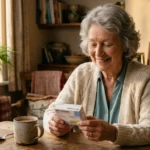 An older woman sits at her sunlit kitchen table holding her prescription medicine with a relieved, hopeful smile.