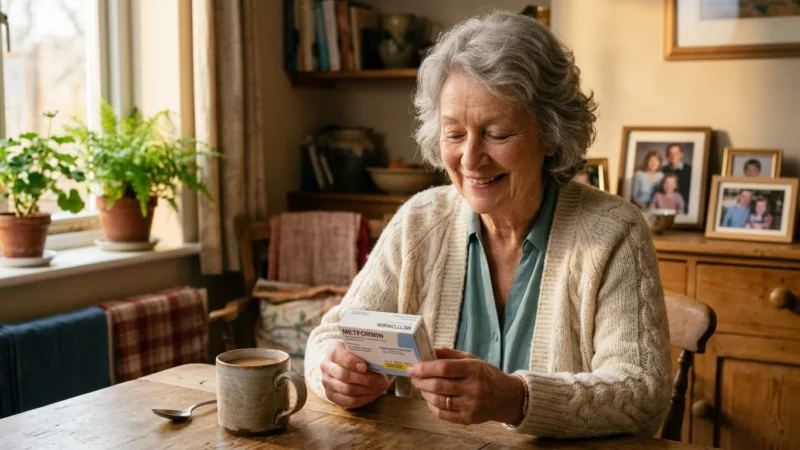 An older woman sits at her sunlit kitchen table holding her prescription medicine with a relieved, hopeful smile.