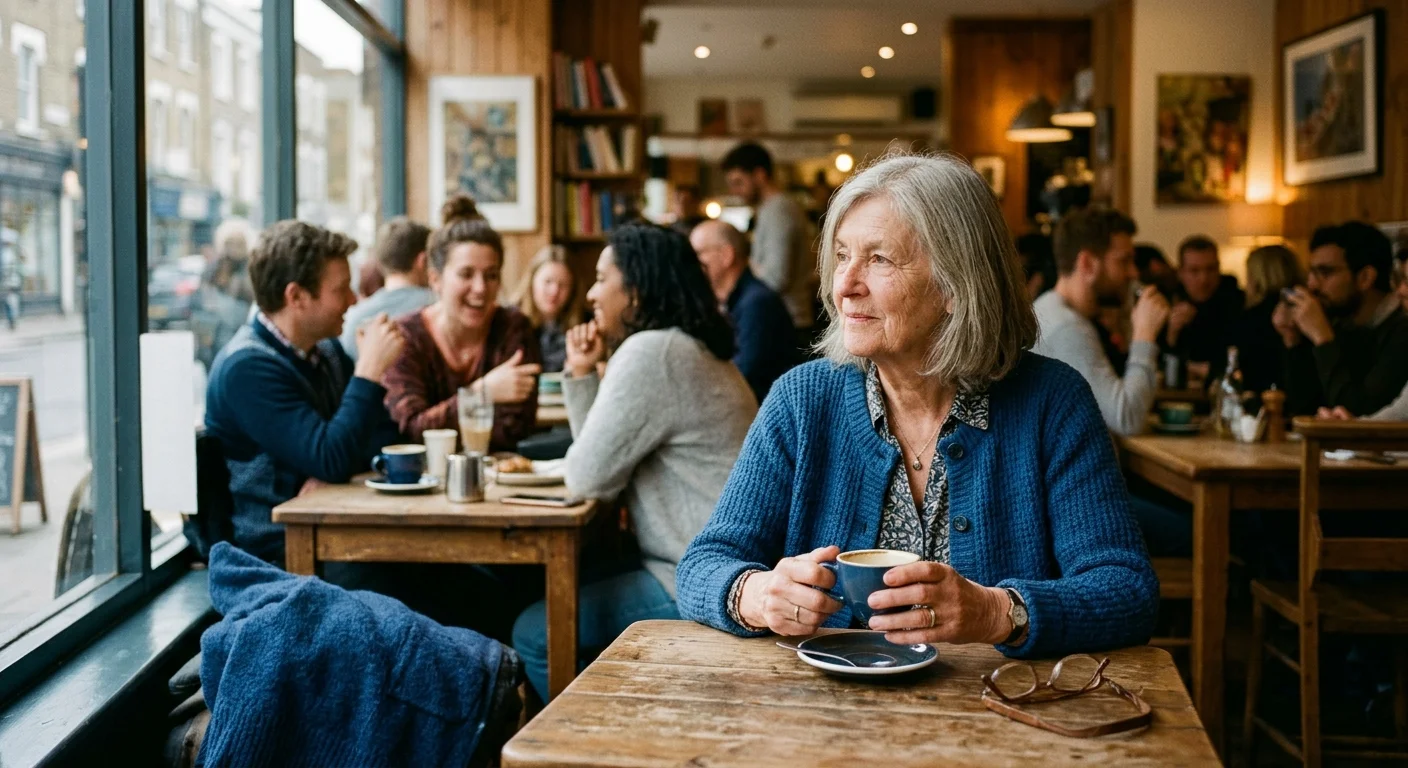 An older woman sitting alone with a coffee cup in a bustling cafe, watching others socialize.