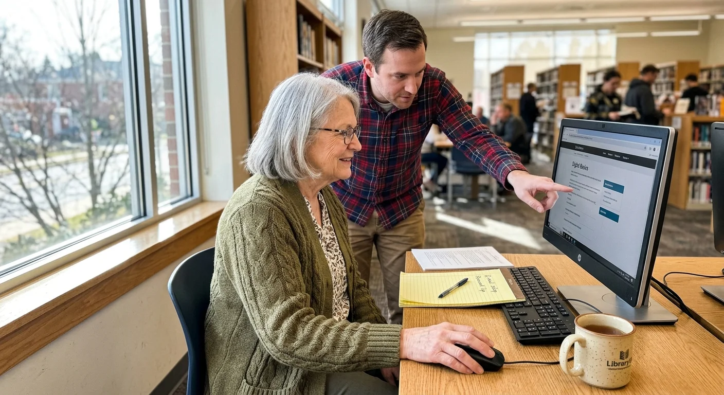 An older woman sitting in a library learning to use a computer with the help of a friendly community instructor.