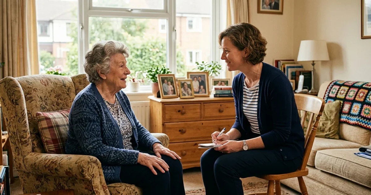 An older woman speaks with a compassionate female ombudsman in a sunlit apartment, showcasing supportive advocacy.