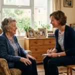 An older woman speaks with a compassionate female ombudsman in a sunlit apartment, showcasing supportive advocacy.
